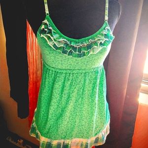 SO brand green floral/plaid ruffled tank size M